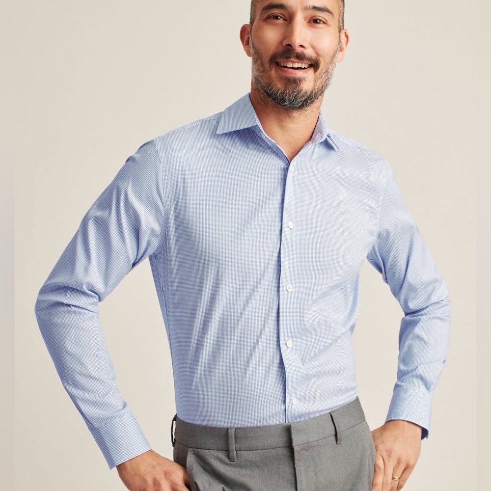 Bonobos Jetsetter Stretch Dress Shirt 15x32 Tailored Slim Blue Navy Mini Check